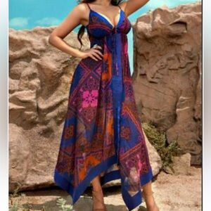 Guess by Marciano Cascara Paisley Maxi Dress Size XS Blue Orange Asymmetrical